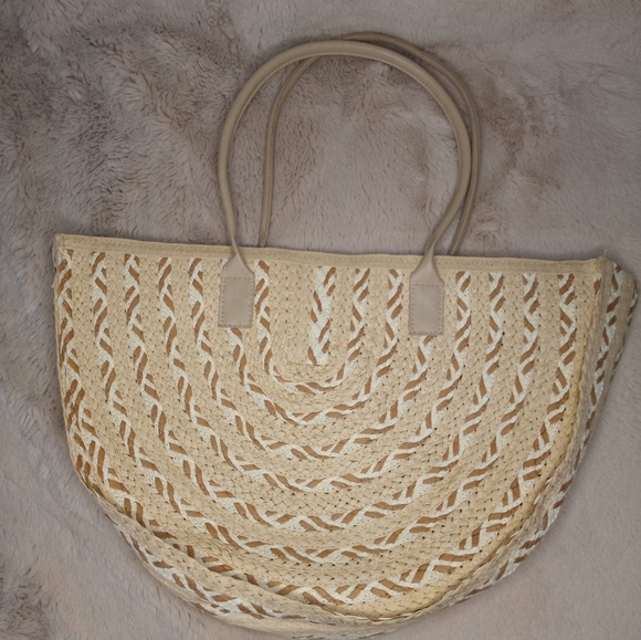 Unbranded Handbags - Bohemian Raffia Woven Straw Paper Shoulder Bag With Slip Pocket And Zippered Top
